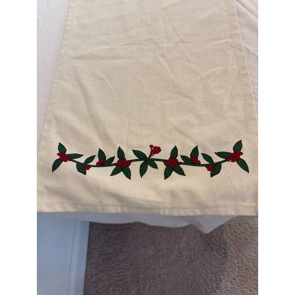 Christmas Holly Berry Embroidered Cotton Table Runner Cream 12x49 Holiday Decor